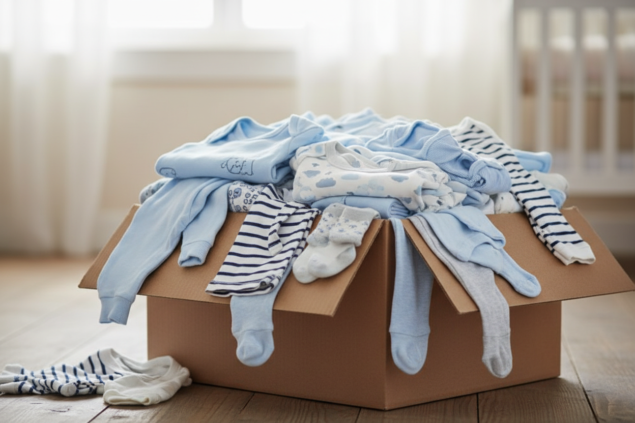 a box full of baby boy clothes