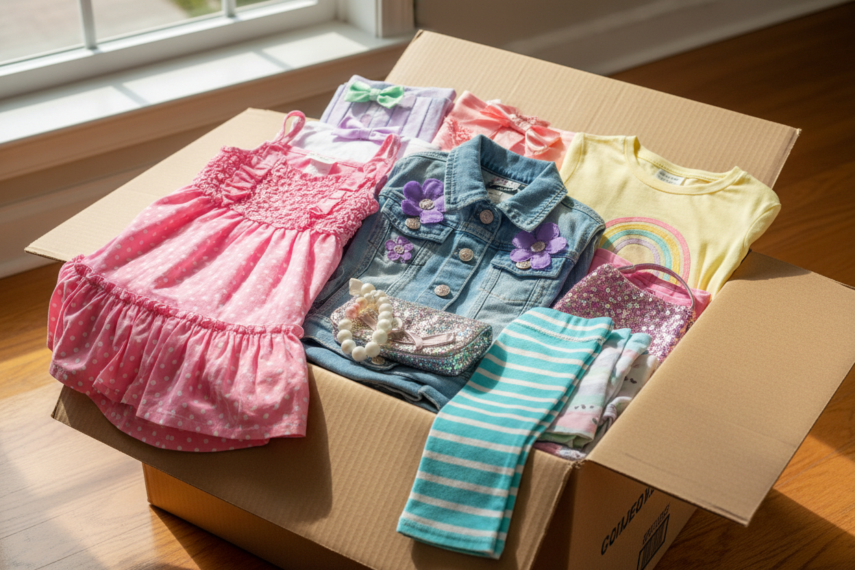a box full of girl clothes