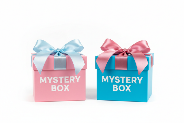 pink and blue boxes with mystery box written on it
